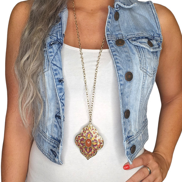 Mandala Necklace Gold Colored Chain Large Multicolor Boho Gypsy Pendant - Picture 1 of 6